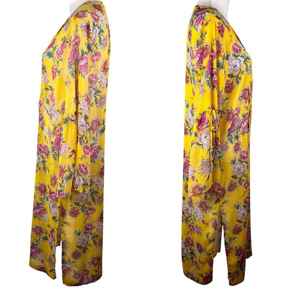 Band Of Gypsies Floral Kaftan Coverup Swim Kimono Yellow Pink Large Tie Closure - Picture 3 of 16